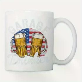 Garage Drinker 11oz Ceramic Coffee Mug with American Flag Design - Patriotic Dad Gift for 4th of July, White Mug with