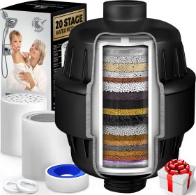 20 Stage Shower Head Filter with Vitamin C E A for Hard Water Black Color High Output Filter to Remove Chlorine and Fluoride 2 Replacement Cartridges