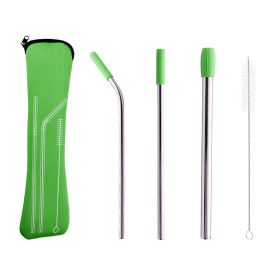 5pcs Set Stainless Steel Straws; Reusable Metal Straws With Silicone Tips; Sturdy Bent Straight Drinks Straw; Food Grade Straw; With 3pcs Straws; (Color: green)